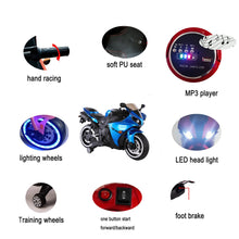 Load image into Gallery viewer, TAMCO-T1 blue kids motorcycle ,12V wheels with light, hand drive , PU seat, electric motorcycle Children ride on motorcycle