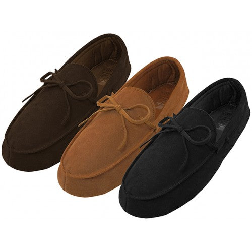 Wholesale Men's Leather Upper Moccasins Insulated House Slippers (*Asst. Black, Beige & Brown)