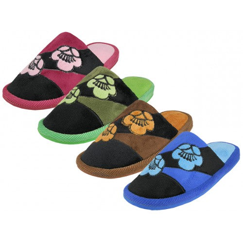 Wholesale Women's Flower Embroidery Plush Close Toe House Slippers (*Asst. Blue, Pink, Green & Brown)