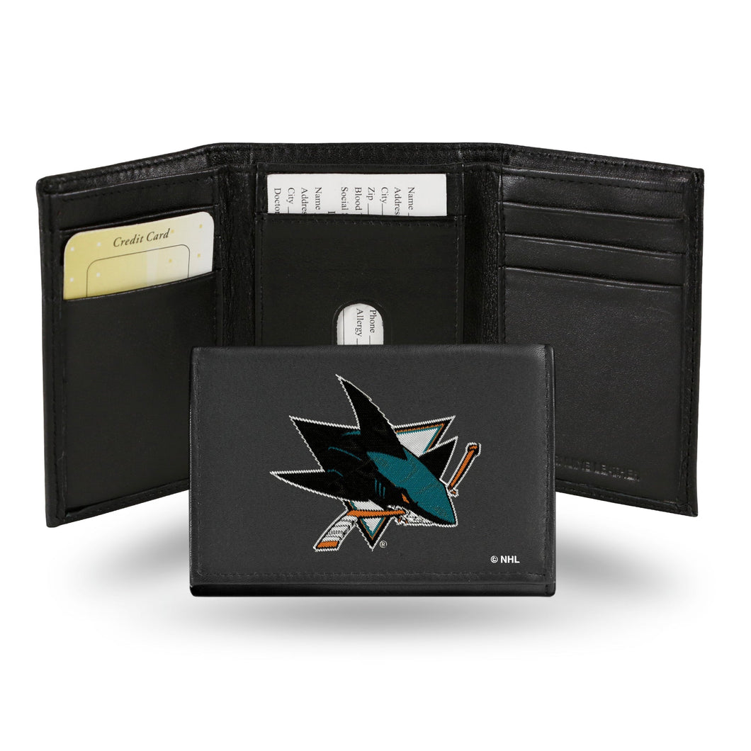 SAN JOSE SHARKS BLACK EMBROIDERED GENUINE LEATHER TRI-FOLD WALLET