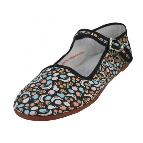 Wholesale Women's Fruit Printed Cotton Upper Printed Classic Mary Jane Shoes ( Black Fruit Printed )