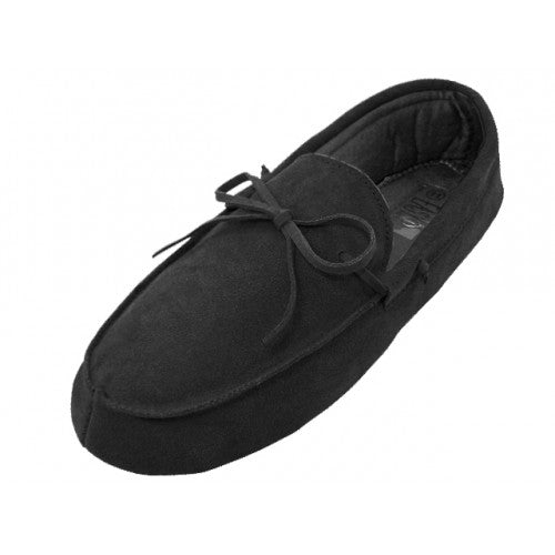 Wholesale Men's Leather Upper Moccasin Insulated House Slippers (*Black Color)
