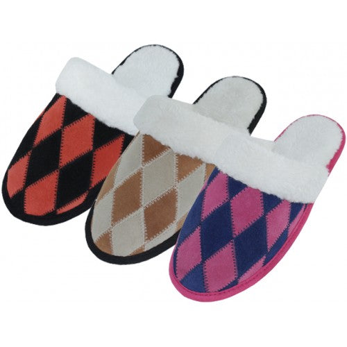 Wholesale Women's Diamond Pattern Leather Patch Upper with Fur Cuff House Slippers. (*Asst. Fuchsia/Black, Purple/Black & Brown/Beige)