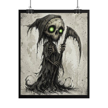 Load image into Gallery viewer, Grim Reaper Art Poster — Cute Dark Skeleton with Glowing Green Eyes (Rolled Poster)

