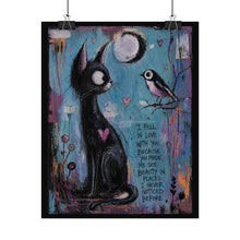 Load image into Gallery viewer, Rolled Poster — Whimsical Cat &amp; Bird Love Art Print ("I fell in love with you…")
