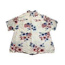 Load image into Gallery viewer, Americana Hibiscus American Flag Button Down Shirt White Red Blue Patriotic XL

