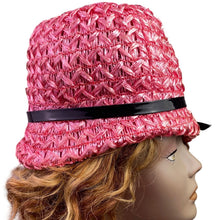 Load image into Gallery viewer, Vtg Best Fashions Hat Womens Small Pink Woven Straw Cloche Church Mod Fashion
