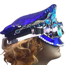 Load image into Gallery viewer, Blue Sequin Captains Hat Goggles Spikes Rhinestones Festival Rave Cosplay NWT
