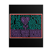 Load image into Gallery viewer, Rolled Poster — 'Love Cuts Deeper Than Any Blade' Neon Heart Pop Art Print
