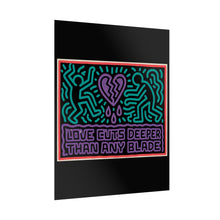 Load image into Gallery viewer, Rolled Poster — 'Love Cuts Deeper Than Any Blade' Neon Heart Pop Art Print
