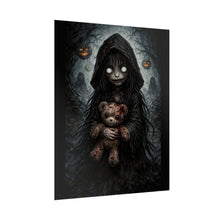 Load image into Gallery viewer, Horror Girl with Teddy Poster — Creepy Halloween Wall Art, Dark Gothic Nursery Print
