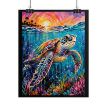 Load image into Gallery viewer, Vibrant Sea Turtle Sunset Art Poster - Colorful Coastal Ocean Wall Decor
