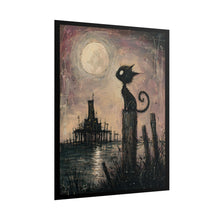 Load image into Gallery viewer, Rolled Poster — Gothic Moon Cat Art Print, Whimsical Haunted Pier Wall Decor

