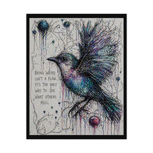 Load image into Gallery viewer, Whimsical Blue Bird Art Poster – "Being Weird Isn’t a Flaw" Inspirational Wall Art
