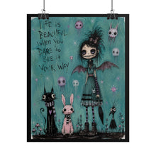 Load image into Gallery viewer, Gothic Bat Wing Fairy Art Print – "Life Is Beautiful When You Dare To See It Your Way" Teal Wall Decor
