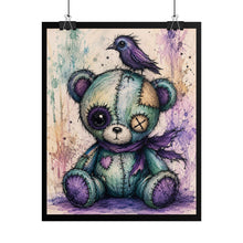 Load image into Gallery viewer, Gothic Stitched Teddy Bear &amp; Raven Poster - Whimsical Dark Fantasy Wall Decor
