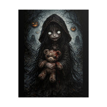 Load image into Gallery viewer, Horror Girl with Teddy Poster — Creepy Halloween Wall Art, Dark Gothic Nursery Print
