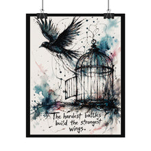 Load image into Gallery viewer, Inspirational Raven Art Poster – “The hardest battles build the strongest wings”
