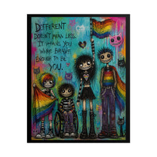 Load image into Gallery viewer, Inclusive Emo Pride Art Print - "Different Doesn't Mean Less. It Means You Were Brave Enough To Be You."
