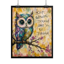 Load image into Gallery viewer, Impressionist Rainbow Owl Art Print – "Keep Growing Through What You Go Through" Cherry Blossom Wall Decor
