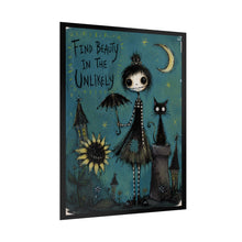 Load image into Gallery viewer, Find Beauty in the Unlikely Poster — Whimsical Gothic Girl &amp; Cat Art Print
