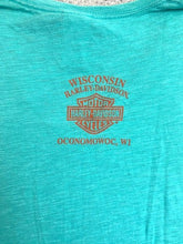 Load image into Gallery viewer, Harley Davidson Shirt Womens Large Teal Green Boots on Fire Wisconsin Motorcycle

