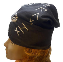 Load image into Gallery viewer, Norse Mythology Beanie Hat Vikings Mjolnir Rune Wheel Symbol Slouchy Skull Cap
