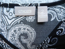 Load image into Gallery viewer, Chicos Shirt Womens 2 Black &amp; White Paisley Print Flowy Blouse Spandex Ladies
