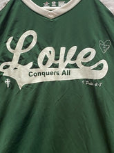 Load image into Gallery viewer, Love Conquers All Shirt Women Extra Large Green Alleson Athletic Raglan Ladies
