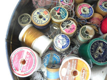 Load image into Gallery viewer, Lot Of Vintage Wooden Sewing Spools &amp; Thread - Coats &amp; Clark’s + More in VTG Tin
