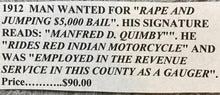 Load image into Gallery viewer, 1912 Wanted Poster Rape Jumping Bail Red Indian Motorcycle Antique Ephemera

