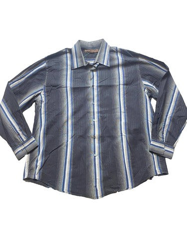 Perry Ellis Shirt Adult Extra Large Black Blue Striped Collared Casual Mens