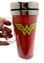 Load image into Gallery viewer, Wonder Woman Travel Mug Logo Clear Handle Coffee Cup Spoontiques
