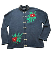 Load image into Gallery viewer, VTG Crystal Kobe Sweater Womens Medium Navy Blue Poinsettia Christmas Cardigan

