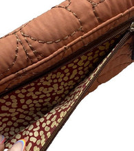 Load image into Gallery viewer, Fossil Key-Per Wallet Peach Fabric Brown Leather Fold Over Zip Quilted Clutch
