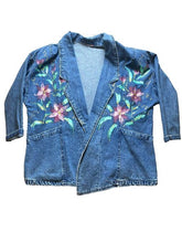 Load image into Gallery viewer, Vintage Denim Jacket Womens 3X Blue Jean Hand Painted Shoulder Pads Flower Lady
