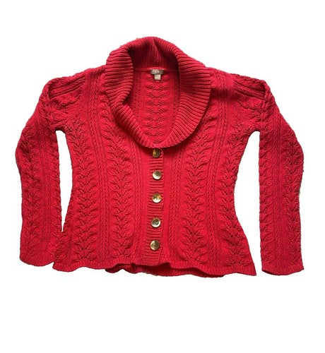 J Jill Sweater Womens Medium Red Cable Knit Shawl Collar Cardigan Outerwear Lady