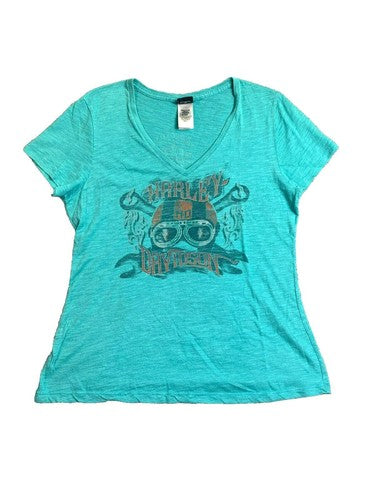 Harley Davidson Shirt Womens Large Teal Green Boots on Fire Wisconsin Motorcycle