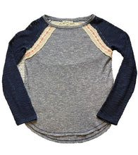 Load image into Gallery viewer, Jolt Shirt Womens Medium Navy Blue Ivory Crochet Lace Raglan Boho Blouse Ladies
