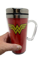 Load image into Gallery viewer, Wonder Woman Travel Mug Logo Clear Handle Coffee Cup Spoontiques
