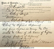 Load image into Gallery viewer, 1892 Arrest Warrant Misdemeanor Watch Theft Savanah Georgia Antique Ephemera
