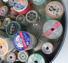 Load image into Gallery viewer, Lot Of Vintage Wooden Sewing Spools &amp; Thread - Coats &amp; Clark’s + More in VTG Tin
