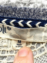 Load image into Gallery viewer, Jolt Shirt Womens Medium Navy Blue Ivory Crochet Lace Raglan Boho Blouse Ladies
