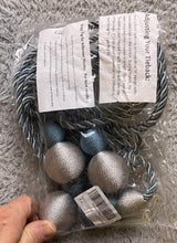 Load image into Gallery viewer, Lot of 2 Drapery Tie Backs Blue and Silver Statement Tassels Hardware NEW

