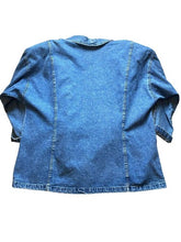 Load image into Gallery viewer, Vintage Denim Jacket Womens 3X Blue Jean Hand Painted Shoulder Pads Flower Lady
