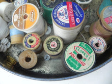 Load image into Gallery viewer, Lot Of Vintage Wooden Sewing Spools &amp; Thread - Coats &amp; Clark’s + More in VTG Tin
