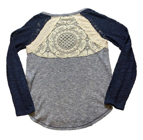 Jolt Shirt Womens Medium Navy Blue Ivory Crochet Lace Raglan Boho Blouse Ladies