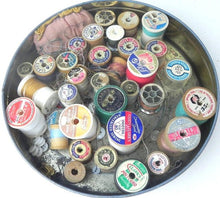 Load image into Gallery viewer, Lot Of Vintage Wooden Sewing Spools &amp; Thread - Coats &amp; Clark’s + More in VTG Tin
