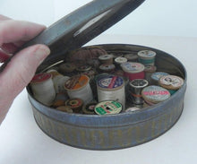 Load image into Gallery viewer, Lot Of Vintage Wooden Sewing Spools &amp; Thread - Coats &amp; Clark’s + More in VTG Tin
