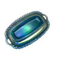 Load image into Gallery viewer, Vintage Carnival Glass Butter Tray Iridescent Blue Rainbow Trinket Dish
